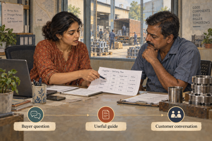 Customer acquisition: a founder discusses a supplier guide with a factory owner.