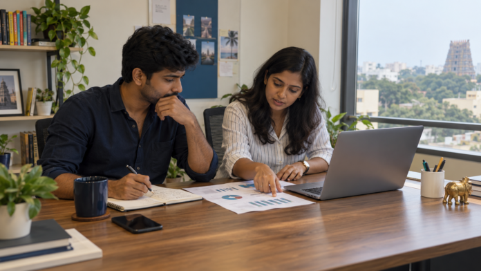 Indian cofounders reviewing a dashboard to prepare monthly investor updates.