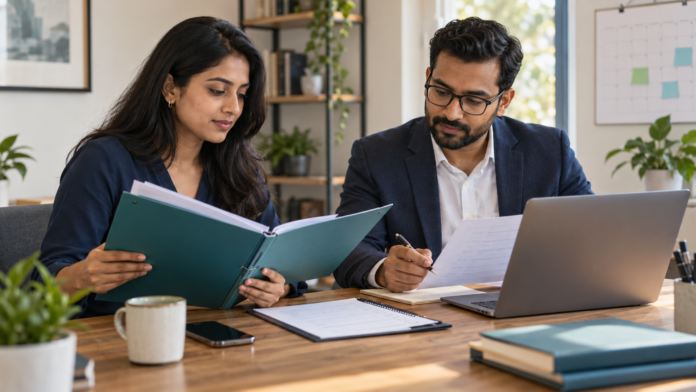 Indian founder and adviser reviewing documents in the startup funding process.