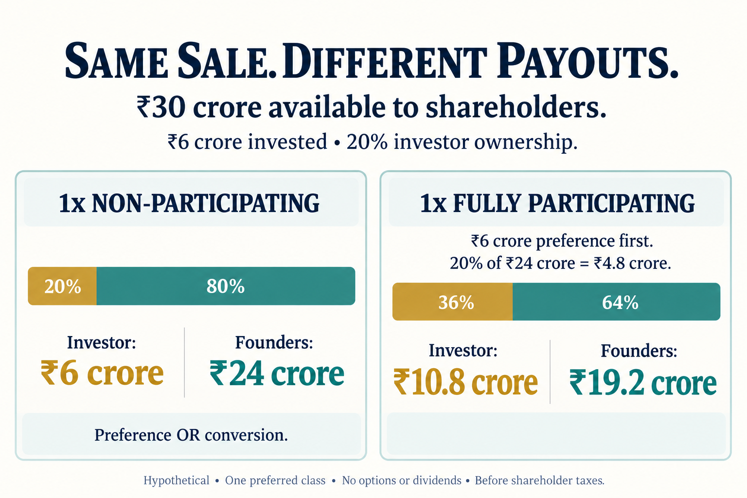 Liquidation preference comparison: a ₹30 crore sale under non-participating and fully participating terms