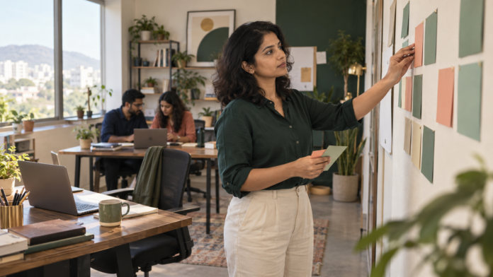 Solo founder plans operating roles while a small team collaborates in an Indian studio office.
