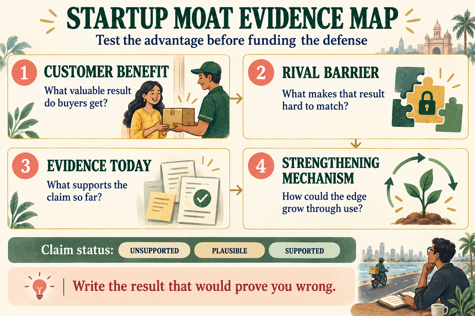 Startup moat evidence map: customer benefit, rival barrier, evidence, and strengthening mechanism.