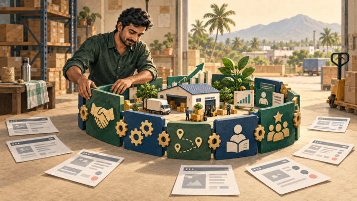 Startup moat illustration: Indian founder builds a defense around a venture with customer trust and learned operations.
